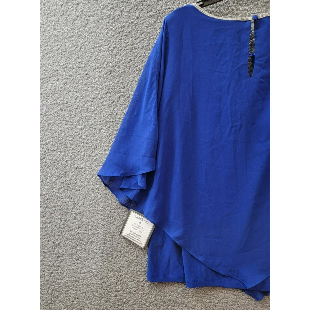 MSK Embellished Overlay Top Women's XL Goddess Blue Solid Scoop Neck Button Back - Picture 11 of 14
